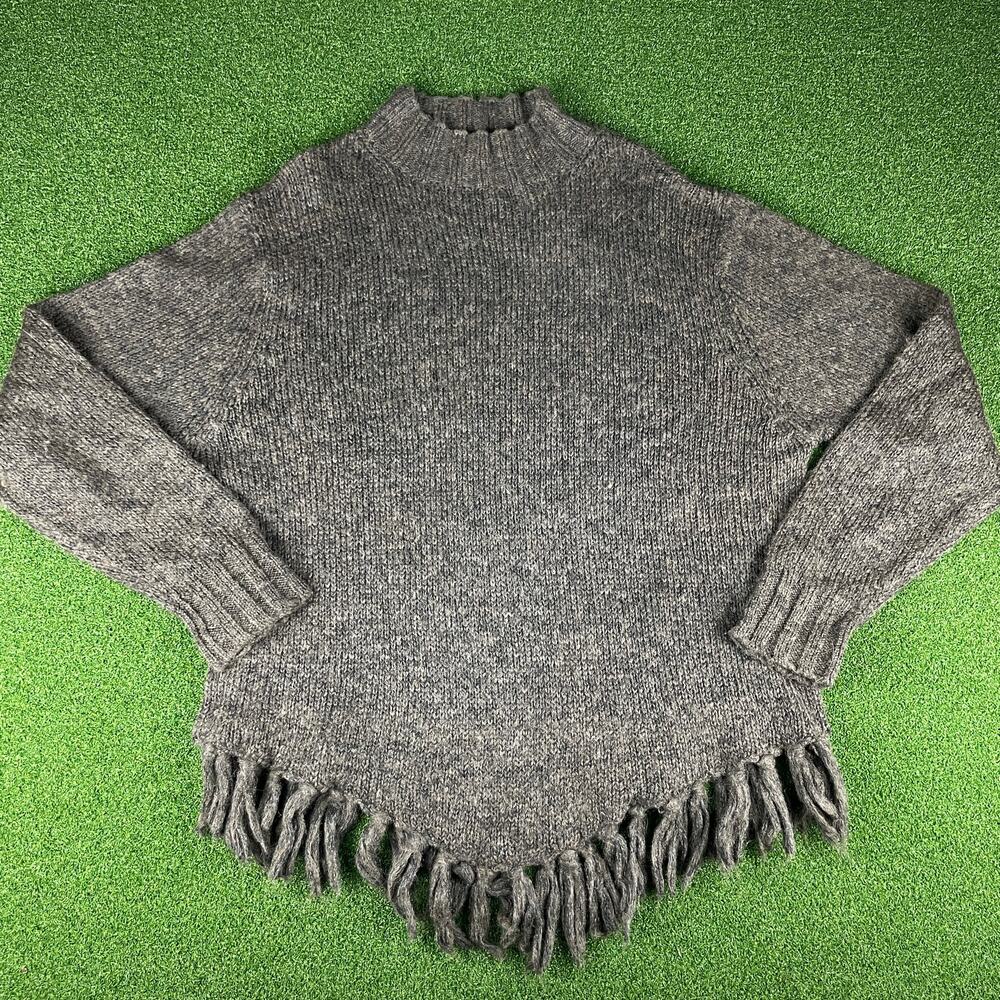 Vintage 90s Y2K White Stag Brown Cozy Knit Fringe Mock Neck Sweater Sz L
